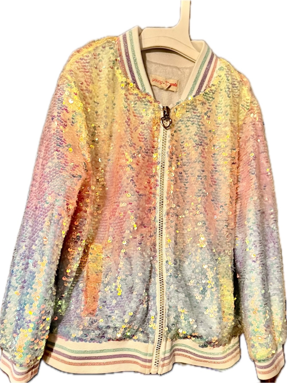 Young Hearts Iridescent Sequin Bomber Jacket - Pastel Multicolor